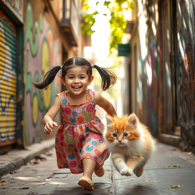 A beautiful mischievous little girl with a bright smile and playful expression, running joyfully after a cute fluffy kitten in a narrow alley of Tehran