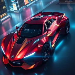 A futuristic car inspired by Iron Man, featuring sleek metallic surfaces and a glossy red and gold color scheme