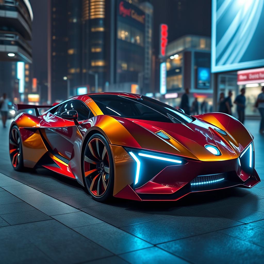 A futuristic car inspired by Iron Man, featuring sleek metallic surfaces and a glossy red and gold color scheme