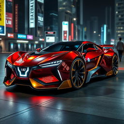 A futuristic car inspired by Iron Man, featuring sleek metallic surfaces and a glossy red and gold color scheme