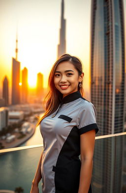 A sexy Asian girl wearing a stylish massage therapist uniform, showcasing a confident and inviting smile, standing against the vibrant backdrop of Dubai's skyline with its iconic skyscrapers and luxurious architecture
