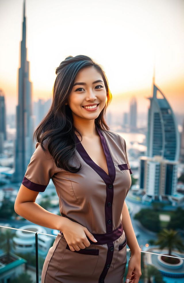 A sexy Asian girl wearing a stylish massage therapist uniform, showcasing a confident and inviting smile, standing against the vibrant backdrop of Dubai's skyline with its iconic skyscrapers and luxurious architecture
