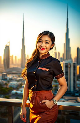 A sexy Asian girl wearing a stylish massage therapist uniform, showcasing a confident and inviting smile, standing against the vibrant backdrop of Dubai's skyline with its iconic skyscrapers and luxurious architecture