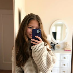 A shy girl standing in front of a mirror, partially hiding her face with her iPhone while taking a selfie