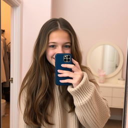 A shy girl standing in front of a mirror, partially hiding her face with her iPhone while taking a selfie