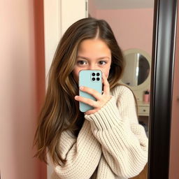 A shy girl standing in front of a mirror, partially hiding her face with her iPhone while taking a selfie