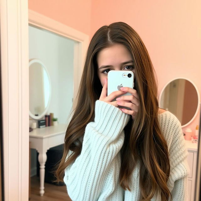 A shy girl standing in front of a mirror, partially hiding her face with her iPhone while taking a selfie