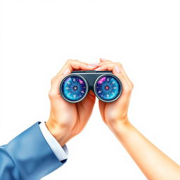 A male and female hand holding a beautiful kaleidoscope binoculars together, against a clean white plain background