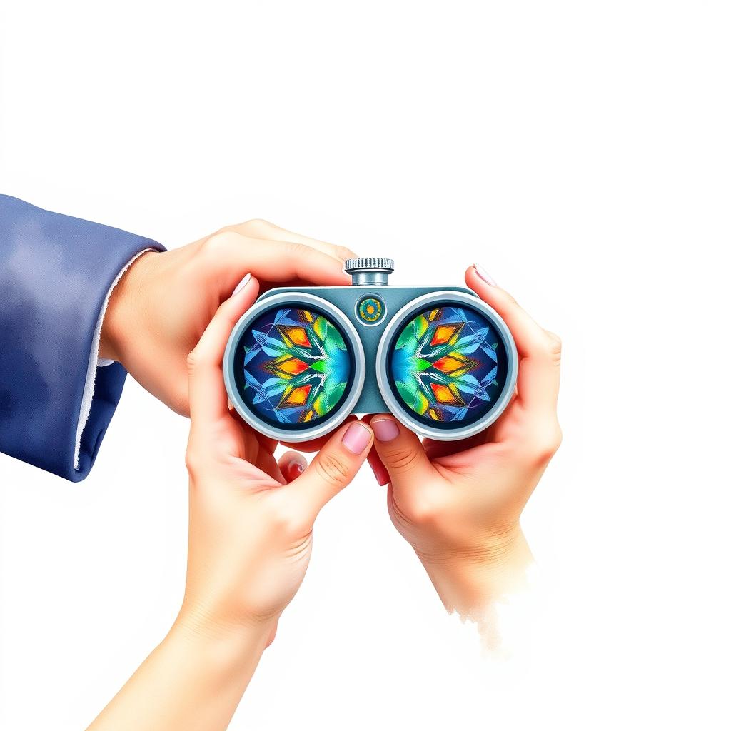 A male and female hand holding a beautiful kaleidoscope binoculars together, against a clean white plain background