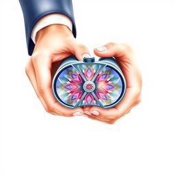 A male and female hand holding a beautiful kaleidoscope binoculars together, against a clean white plain background