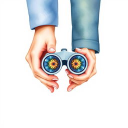 A male and female hand holding a beautiful kaleidoscope binoculars together, against a clean white plain background