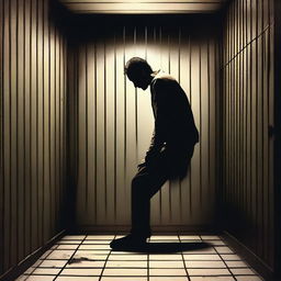 This striking digital art piece depicts a man in solitary confinement, seemingly losing his sanity