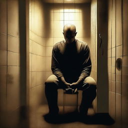 This striking digital art piece depicts a man in solitary confinement, seemingly losing his sanity