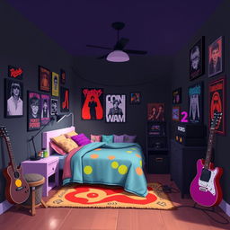 A 2D room belonging to a teenage emo rock fan, depicted in a 1:1 aspect ratio and styled after the vibrant and playful aesthetic of the game IncrediBox