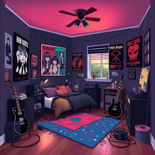 A 2D room belonging to a teenage emo rock fan, depicted in a 1:1 aspect ratio and styled after the vibrant and playful aesthetic of the game IncrediBox