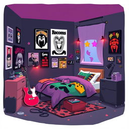 A 2D room belonging to a teenage emo rock fan, depicted in a 1:1 aspect ratio and styled after the vibrant and playful aesthetic of the game IncrediBox