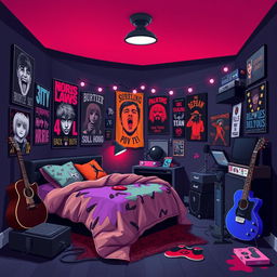 A 2D room belonging to a teenage emo rock fan, depicted in a 1:1 aspect ratio and styled after the vibrant and playful aesthetic of the game IncrediBox