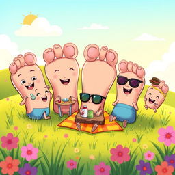 A creative and playful illustration featuring a whimsical group of animated toes, each with unique personalities and expressions