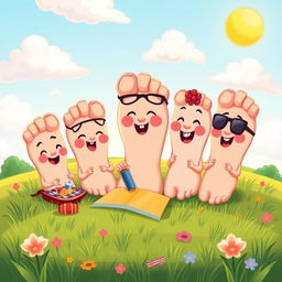A creative and playful illustration featuring a whimsical group of animated toes, each with unique personalities and expressions