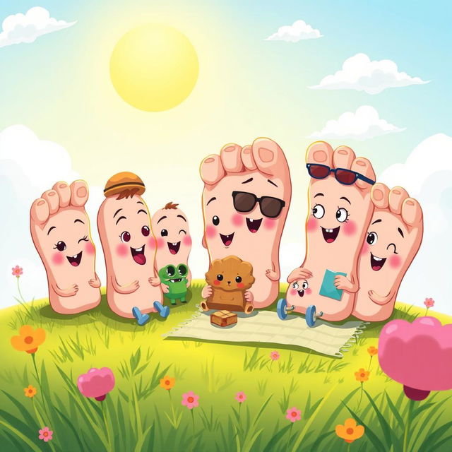 A creative and playful illustration featuring a whimsical group of animated toes, each with unique personalities and expressions