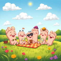 A creative and playful illustration featuring a whimsical group of animated toes, each with unique personalities and expressions