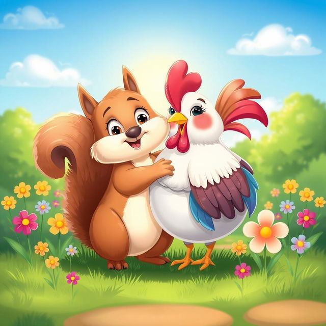 A whimsical and heartwarming scene of a squirrel and a chicken hugging each other in a sunny park