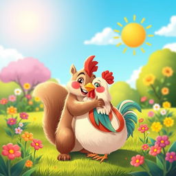 A whimsical and heartwarming scene of a squirrel and a chicken hugging each other in a sunny park