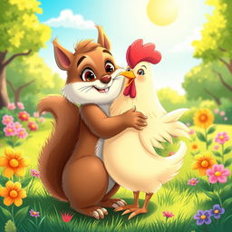 A whimsical and heartwarming scene of a squirrel and a chicken hugging each other in a sunny park