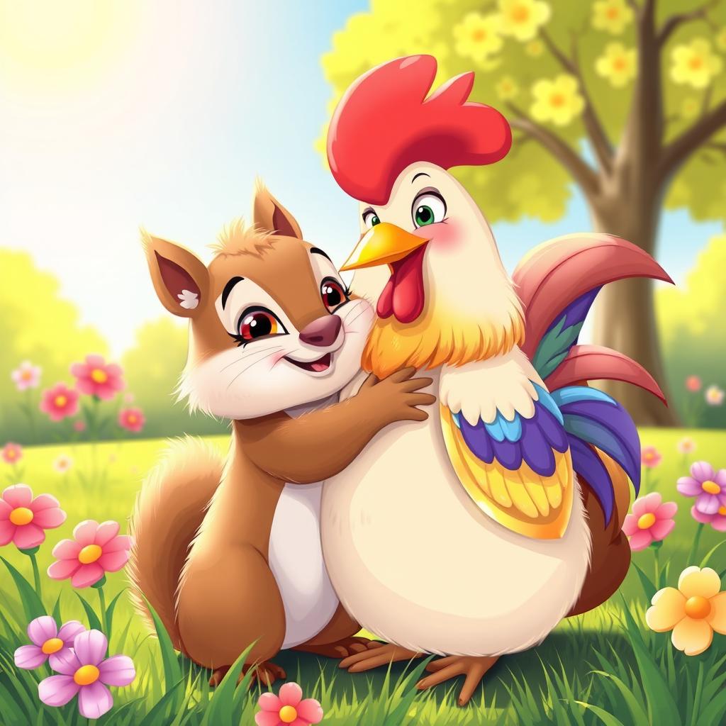 A whimsical and heartwarming scene of a squirrel and a chicken hugging each other in a sunny park