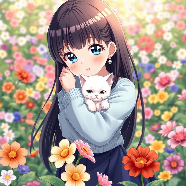 An anime girl with long, straight black hair and bright blue eyes, wearing a light blue sweater with floral patterns and a dark blue skirt
