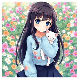 An anime girl with long, straight black hair and bright blue eyes, wearing a light blue sweater with floral patterns and a dark blue skirt