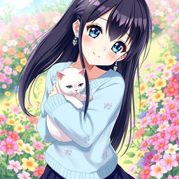 An anime girl with long, straight black hair and bright blue eyes, wearing a light blue sweater with floral patterns and a dark blue skirt
