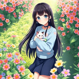 An anime girl with long, straight black hair and bright blue eyes, wearing a light blue sweater with floral patterns and a dark blue skirt
