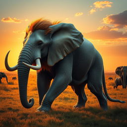 A fantastical hybrid animal combining features of an elephant and a lion, featuring a massive elephant-like body with textured gray hide, a lion's face complete with a majestic mane, curved tusks that are sharp and shiny like a predator's weapon, and a tail that combines the length of an elephant's tail with the tufted end of a lion's tail
