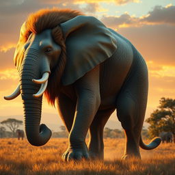 A fantastical hybrid animal combining features of an elephant and a lion, featuring a massive elephant-like body with textured gray hide, a lion's face complete with a majestic mane, curved tusks that are sharp and shiny like a predator's weapon, and a tail that combines the length of an elephant's tail with the tufted end of a lion's tail