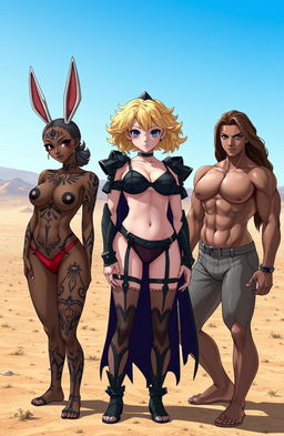Three sexy anime girls standing in a vast desert landscape