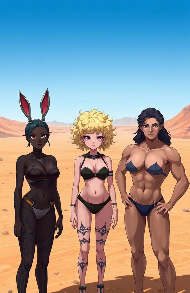 Three sexy anime girls standing in a vast desert landscape