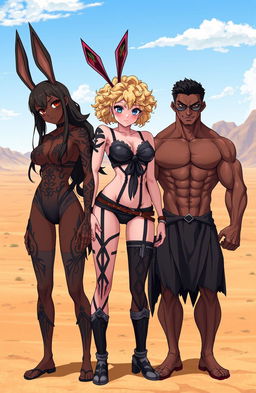 Three sexy anime girls standing in a vast desert landscape