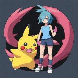 A vibrant digital art image showcases a unique Pokemon named Furyblade, a fighting type, alongside its determined trainer, Ajax, a female gym leader