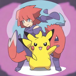 A vibrant digital art image showcases a unique Pokemon named Furyblade, a fighting type, alongside its determined trainer, Ajax, a female gym leader