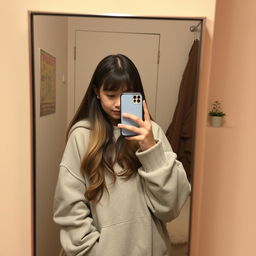 A shy girl standing in front of a mirror, concealing her face with her iPhone while capturing a selfie