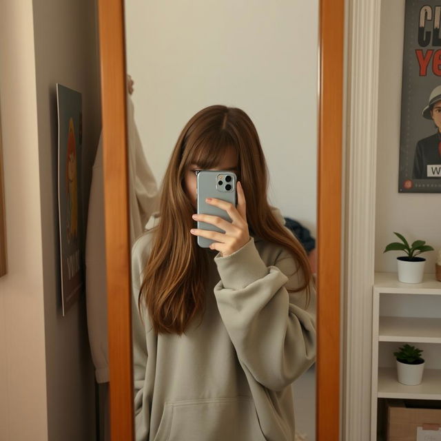 A shy girl standing in front of a mirror, concealing her face with her iPhone while capturing a selfie