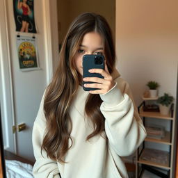 A shy girl standing in front of a mirror, concealing her face with her iPhone while capturing a selfie