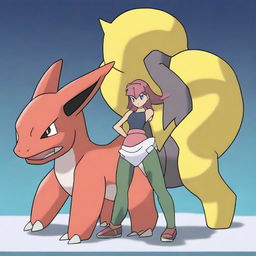 A dynamic digital art image depicts a unique Pokemon named Furyblade, a fighting type, standing beside its trainer, Ajax, a female gym leader