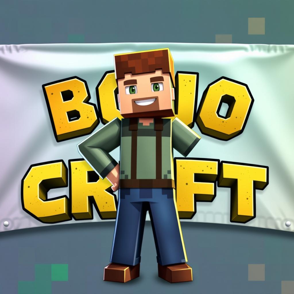 A Minecraft character confidently posing with one hand on his waist, smiling cheerfully in the center of a vibrant banner