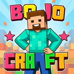 A Minecraft character confidently posing with one hand on his waist, smiling cheerfully in the center of a vibrant banner