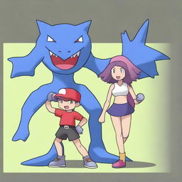 A dynamic digital art image depicts a unique Pokemon named Furyblade, a fighting type, standing beside its trainer, Ajax, a female gym leader