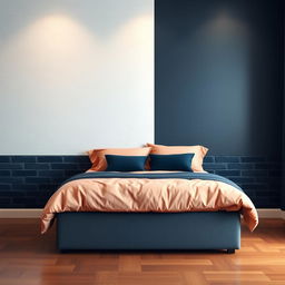 A stylish bedroom wall featuring a unique design split in half