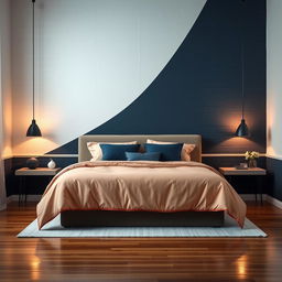 A stylish bedroom wall featuring a unique design split in half