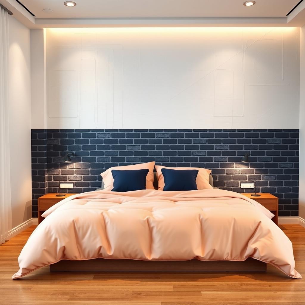 A stylish bedroom wall featuring a unique design split in half